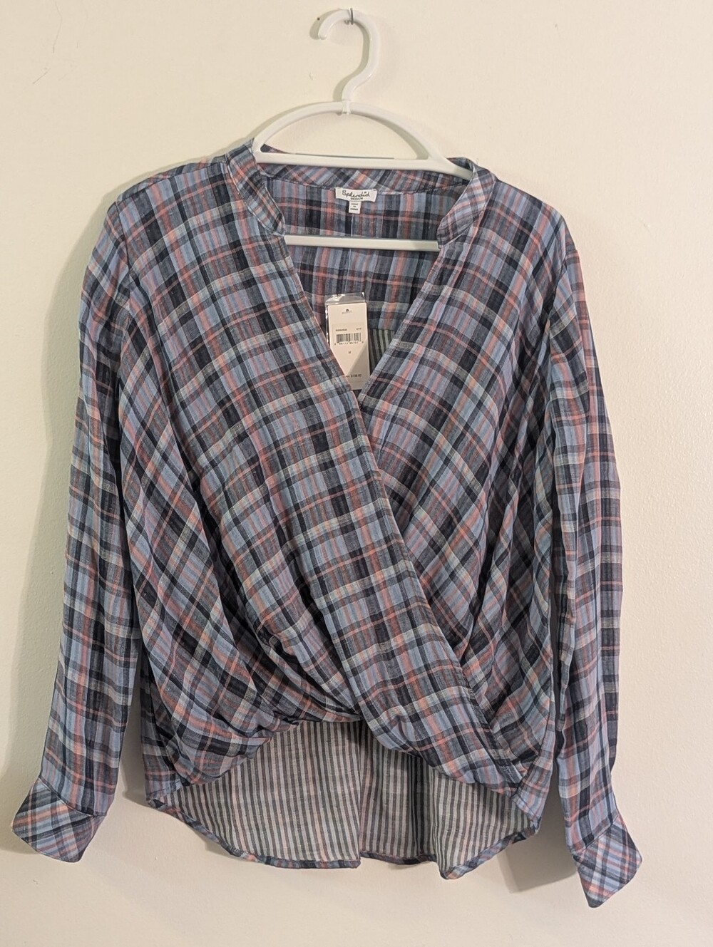 Splendid Backyard Plaid Surplice Wrap Blouse Navy Pink Size M $138 NWT